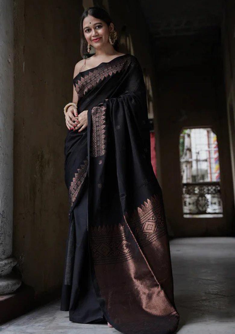 Black Jacquard Silk Saree Set - Indya