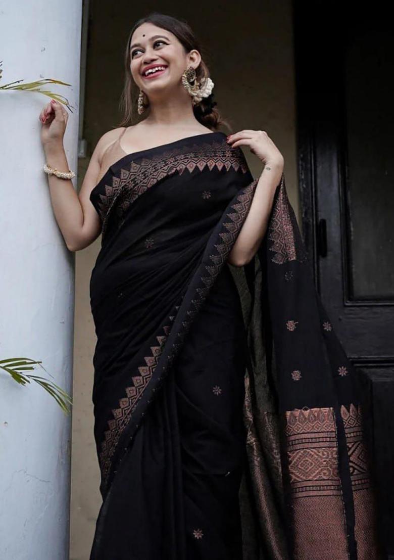 Black Jacquard Silk Saree Set - Indya