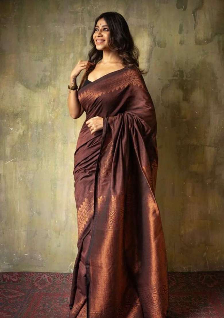 Coffee Jacquard Silk Blend Saree Set for Diwali | Wedding & Festive Wear - Indya