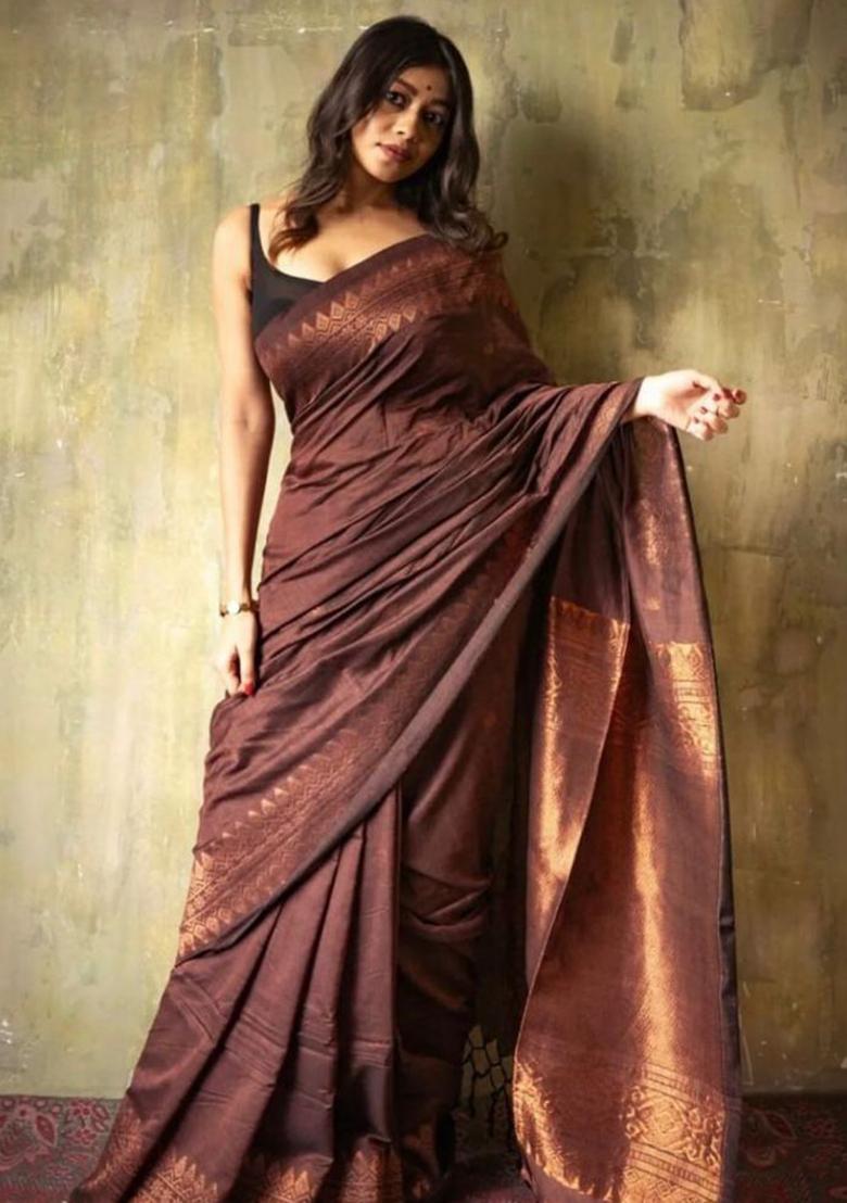 Coffee Jacquard Silk Saree Set - Indya