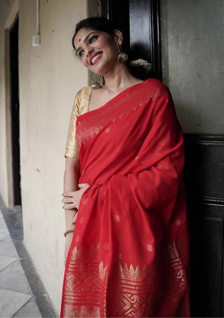 Red Jacquard Silk Saree Set - Indya