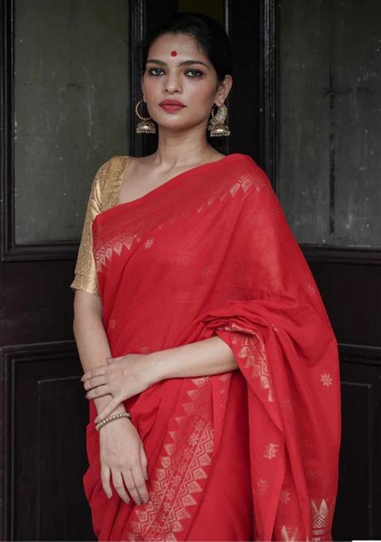 Red Jacquard Silk Saree Set - Indya