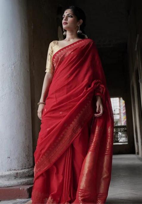 Red Jacquard Silk Saree Set
