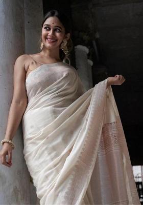 White Jacquard Silk Saree Set