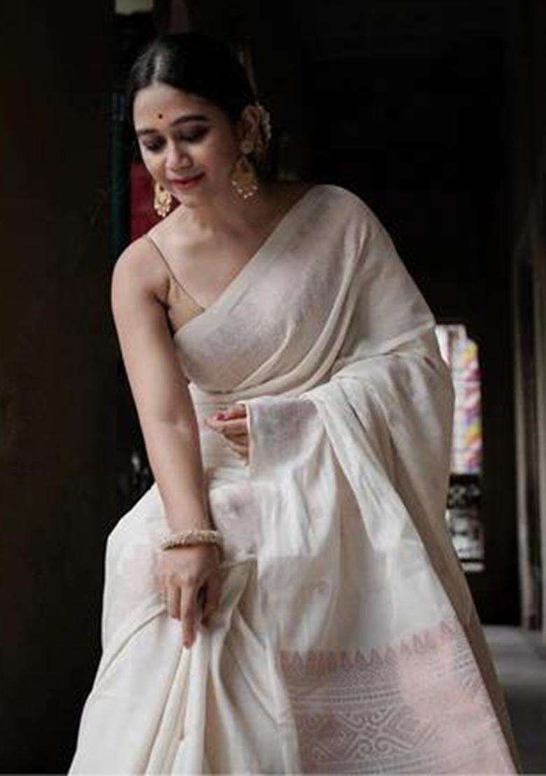 White Jacquard Silk Saree Set - Indya