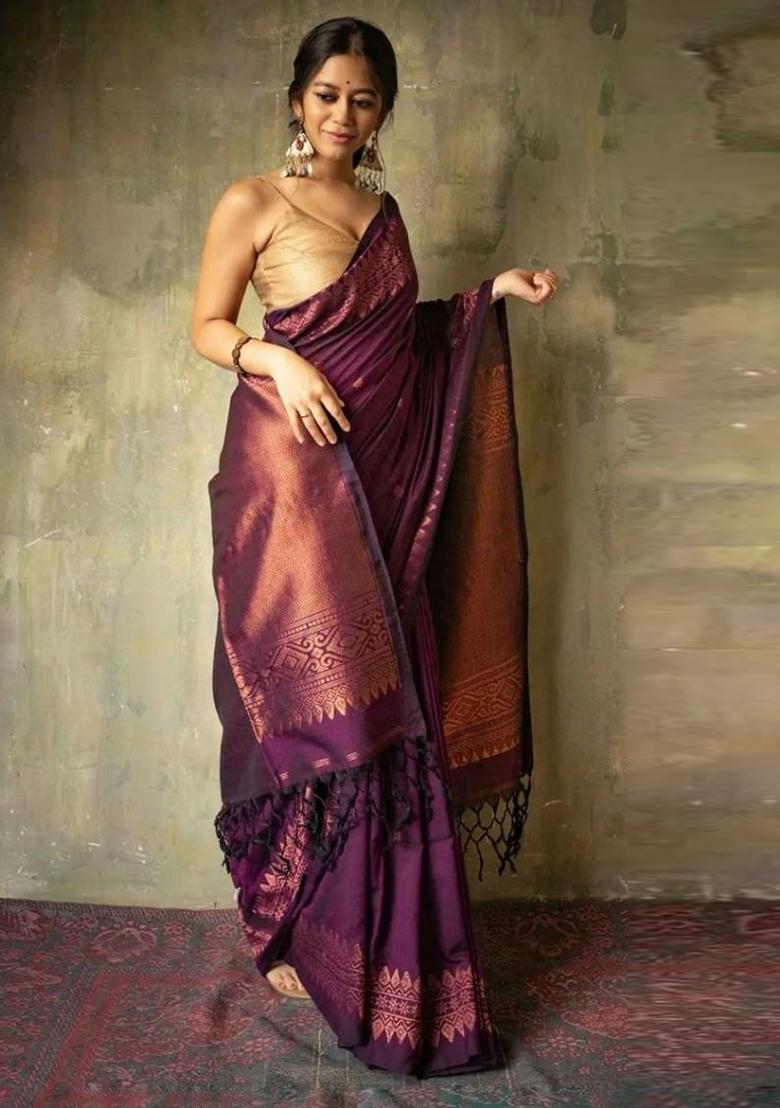 Purple Jacquard Silk Saree Set - Indya
