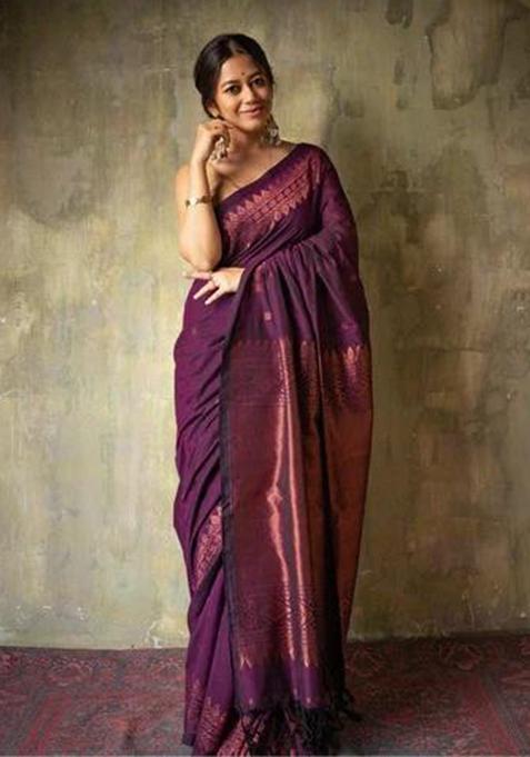 Purple Jacquard Silk Saree Set