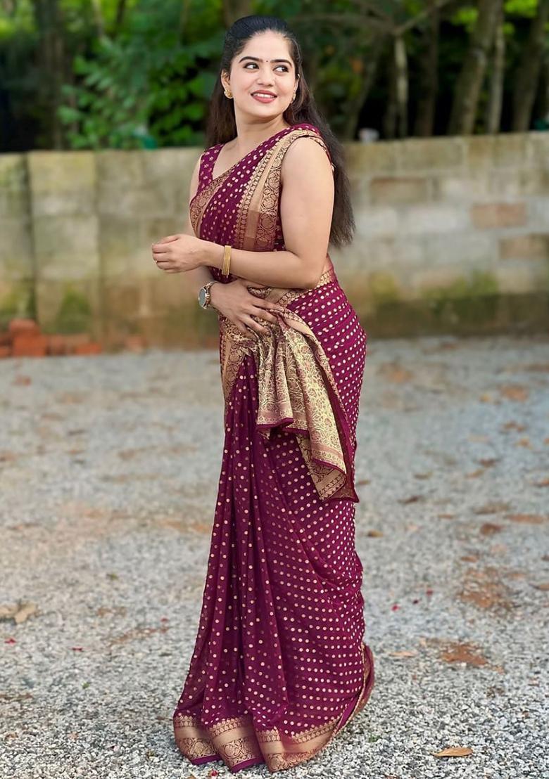 Purple Jacquard Silk Saree Set - Indya