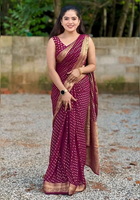 Purple Jacquard Silk Saree Set