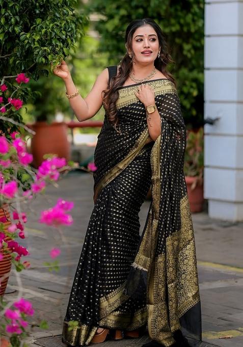 Black Jacquard Silk Saree Set