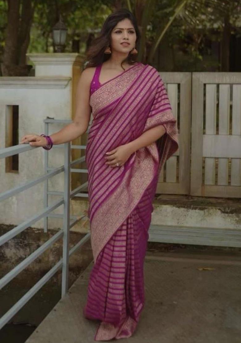 Lavender Jacquard Silk Saree Set - Indya