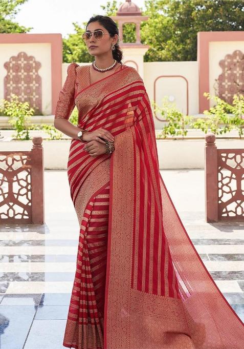 Red Jacquard Silk Saree Set