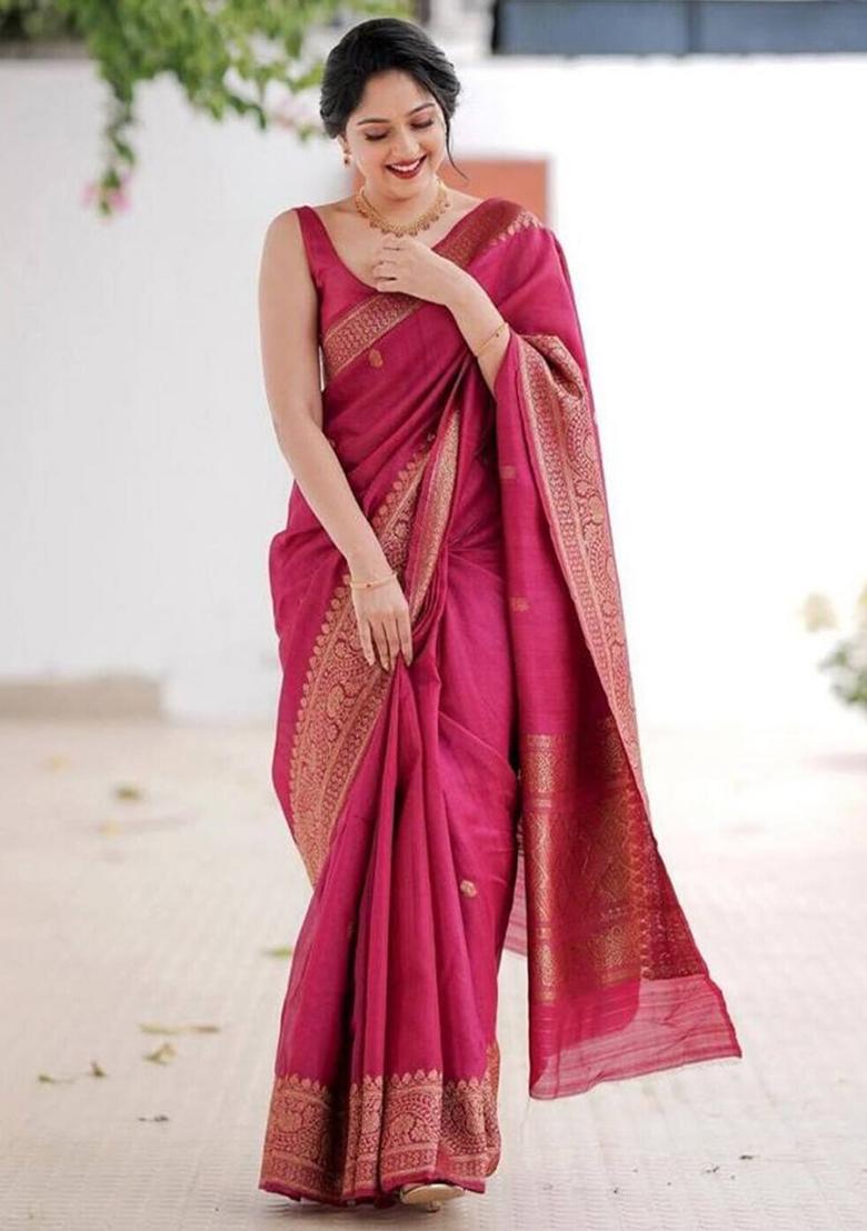 Pink Jacquard Silk Saree Set - Indya