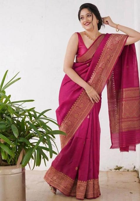 Pink Jacquard Silk Saree Set