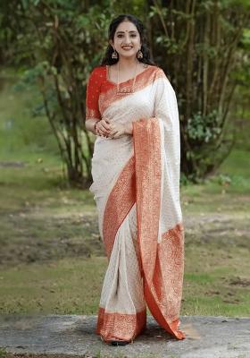Orange White Jacquard Silk Saree Set