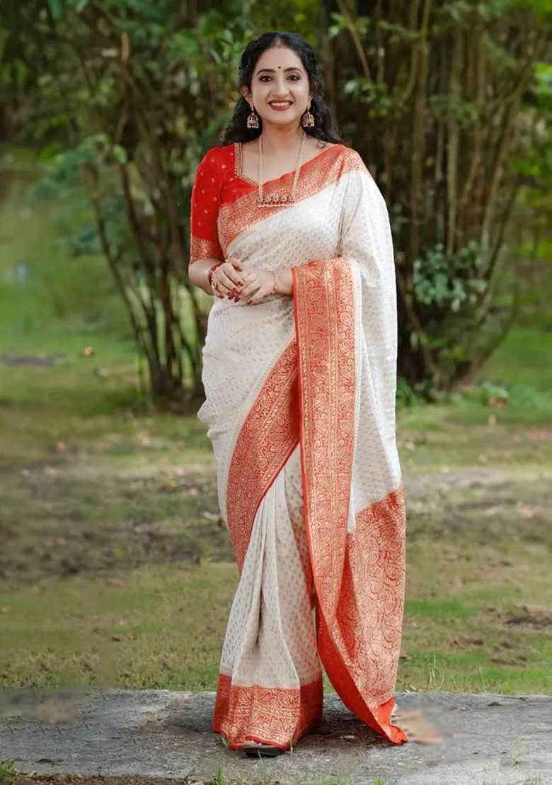 Orange White Jacquard Silk Blend Saree Set for Diwali | Wedding & Festive Wear - Indya