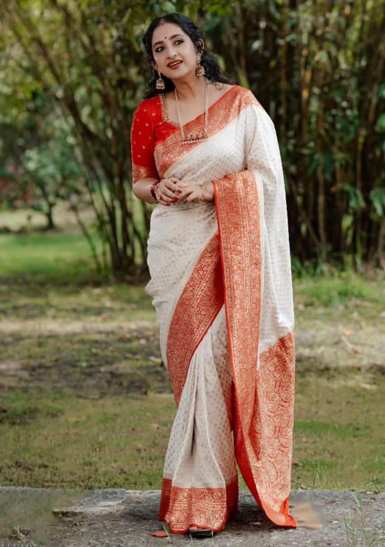 Orange White Jacquard Silk Saree Set - Indya