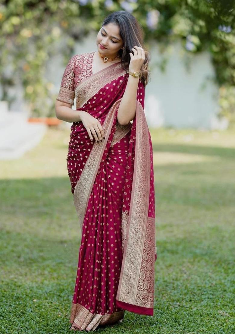 Maroon Jacquard Silk Saree Set - Indya