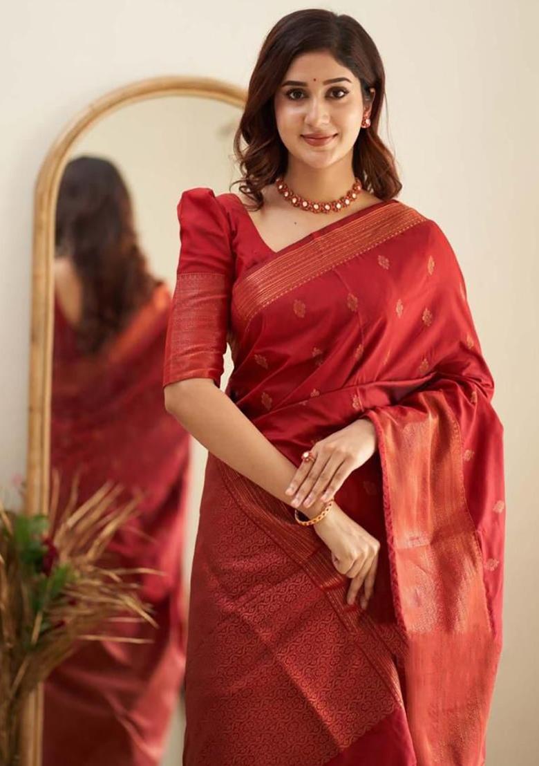 Red Jacquard Silk Saree Set - Indya