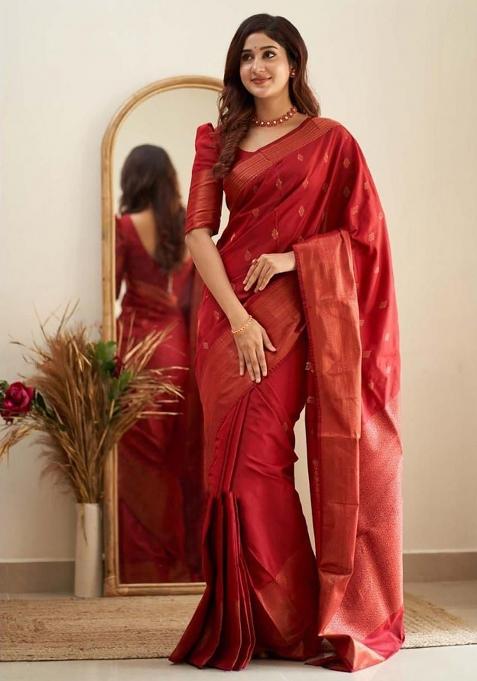 Red Jacquard Silk Saree Set
