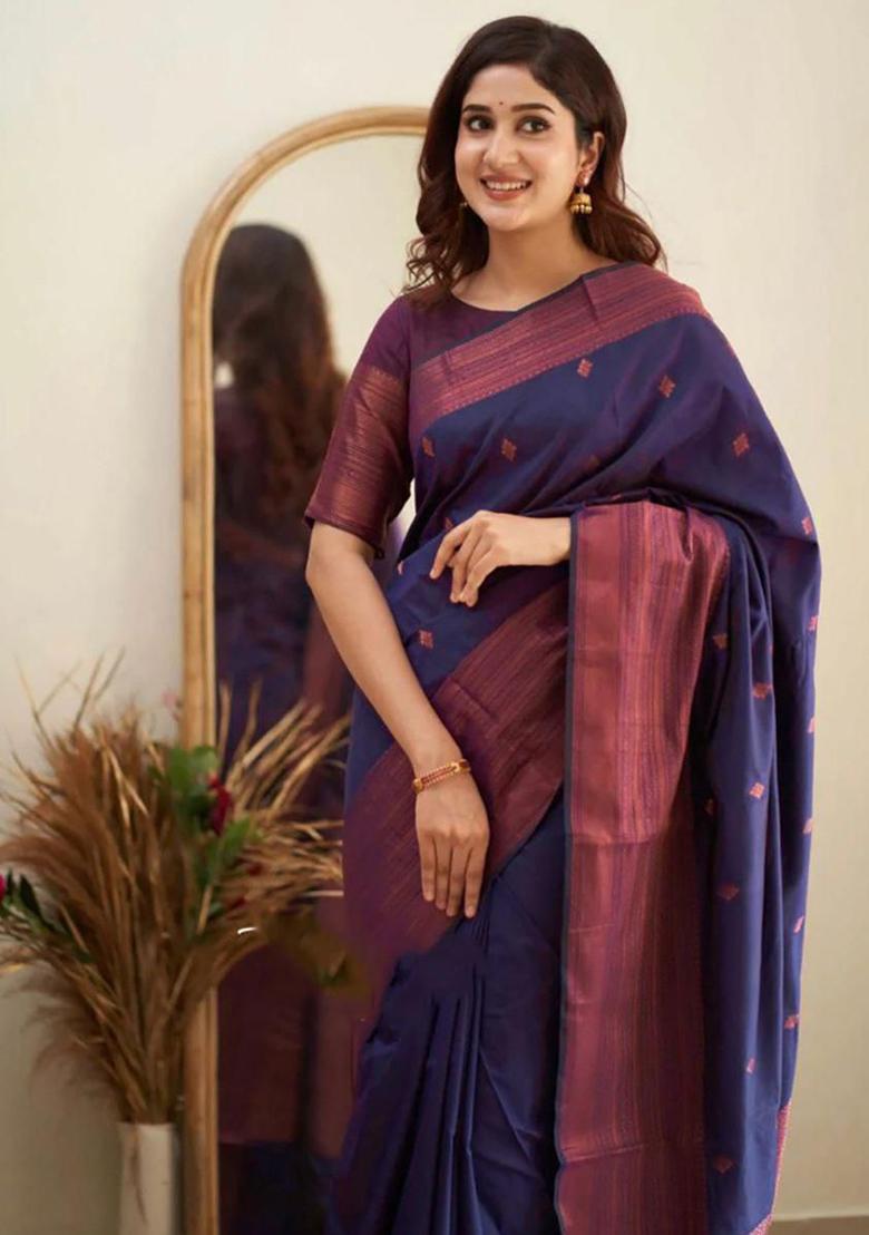 Blue Jacquard Silk Saree Set - Indya