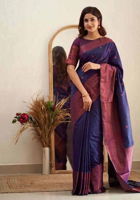 Blue Jacquard Silk Saree Set