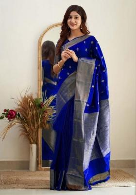 Dark Blue Jacquard Silk Saree Set