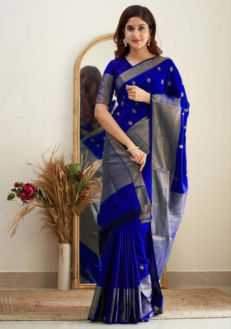 Dark Blue Jacquard Silk Saree Set - Indya