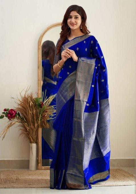 Dark Blue Jacquard Silk Saree Set
