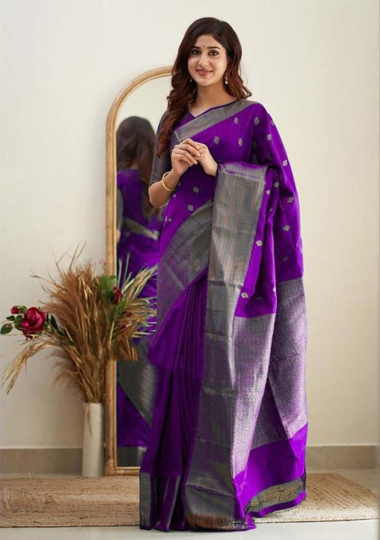 Purple Jacquard Silk Saree Set - Indya