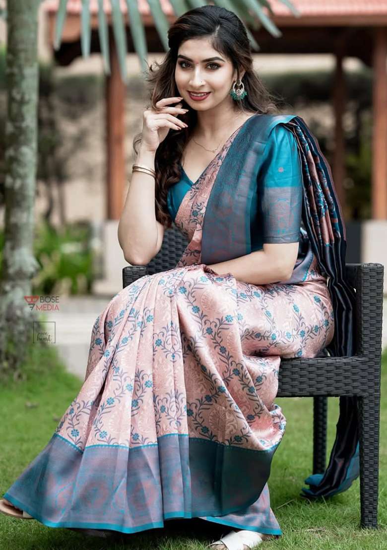Peach And Sky Jacquard Silk Blend Saree Set for Diwali and Festive Wear - Indya