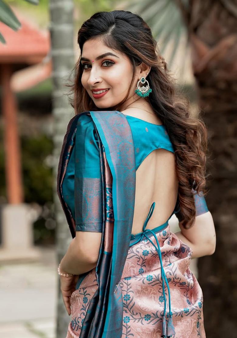 Peach And Sky Jacquard Silk Saree Set - Indya