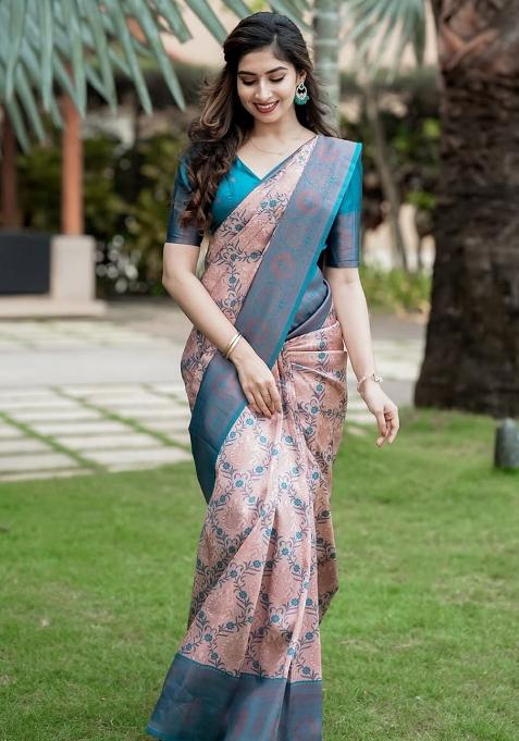 Peach And Sky Jacquard Silk Saree Set