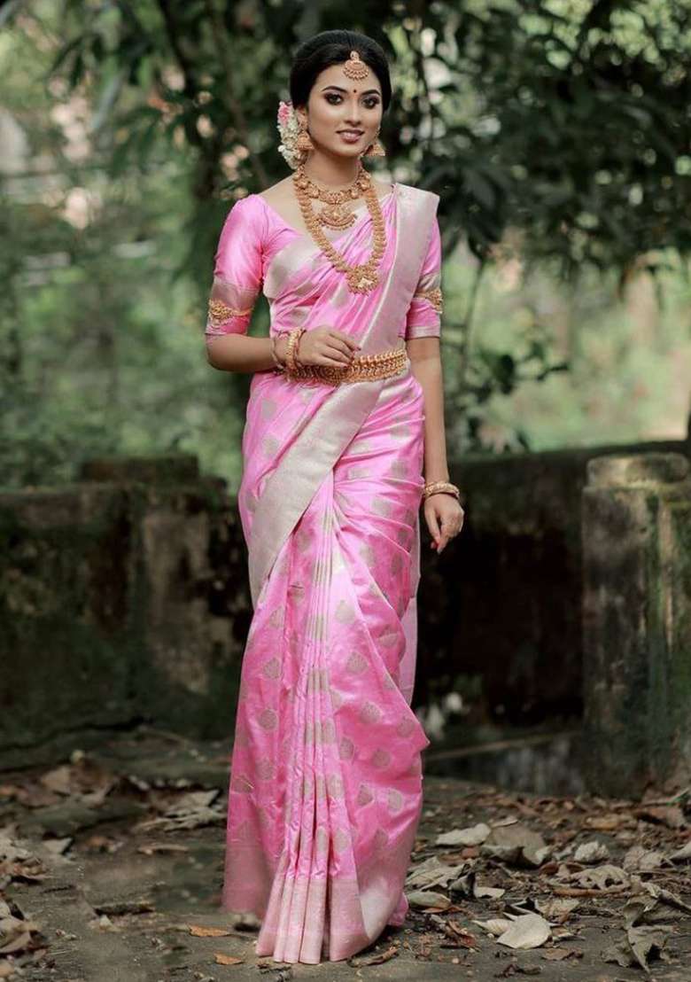 Baby Pink Jacquard Silk Blend Saree Set for Diwali and Festive Wear - Indya