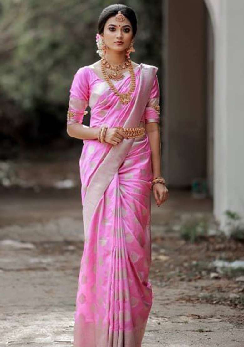 Baby Pink Jacquard Silk Blend Saree Set for Diwali and Festive Wear - Indya