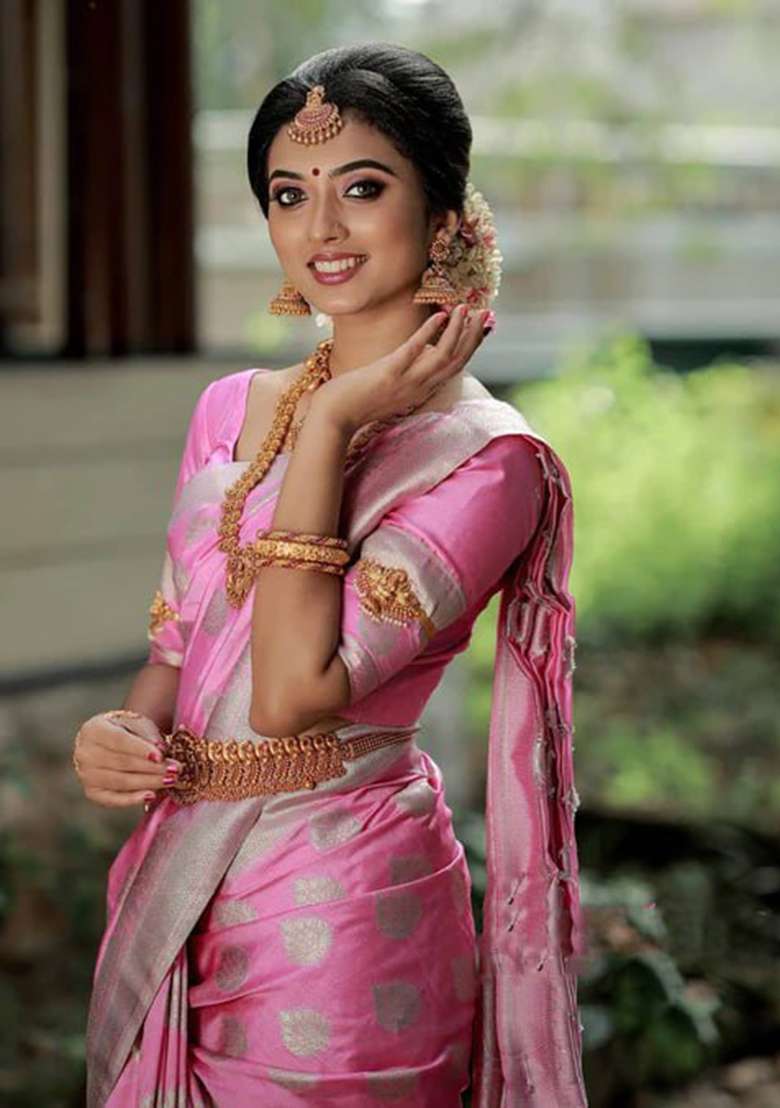 Baby Pink Jacquard Silk Blend Saree Set for Diwali and Festive Wear - Indya