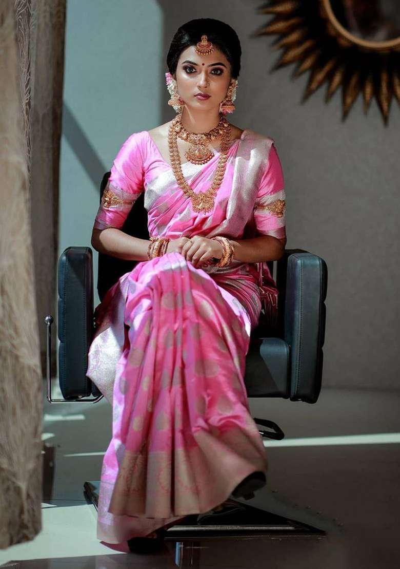 Baby Pink Jacquard Silk Blend Saree Set for Diwali and Festive Wear - Indya