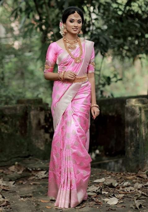 Baby Pink Jacquard Silk Saree Set