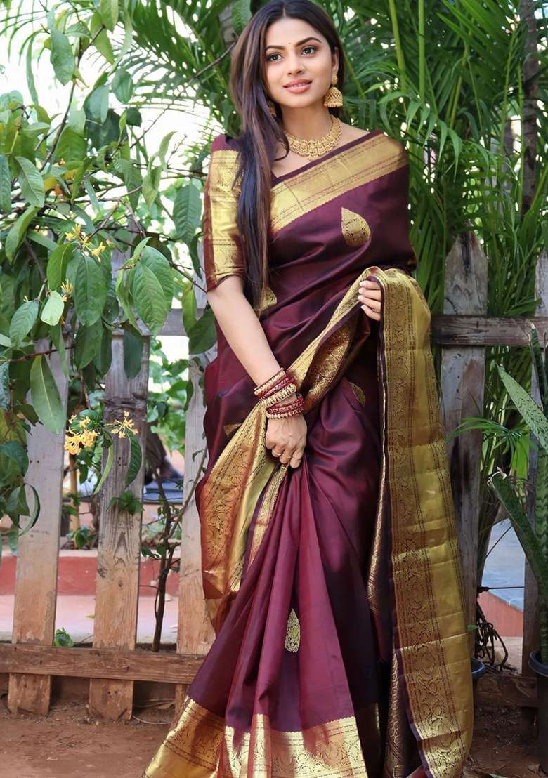 Wine And Gold Jacquard Silk Blend Saree Set for Diwali | Wedding & Festive Wear - Indya