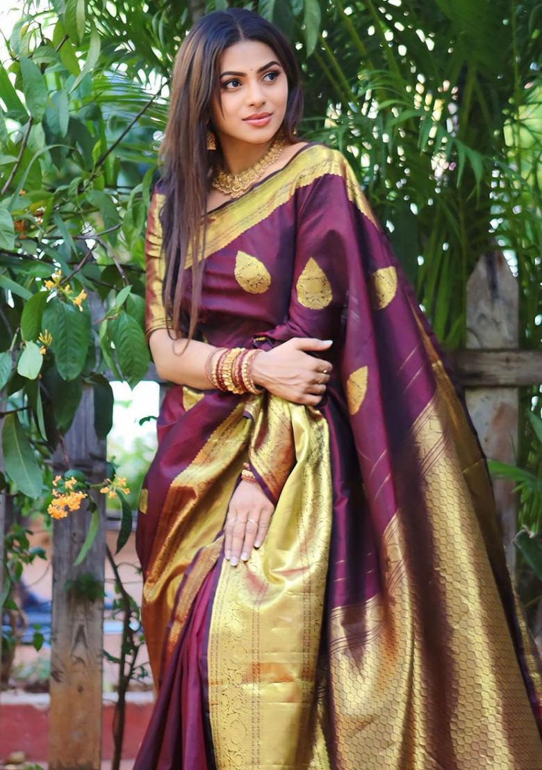 Wine And Gold Jacquard Silk Saree Set - Indya