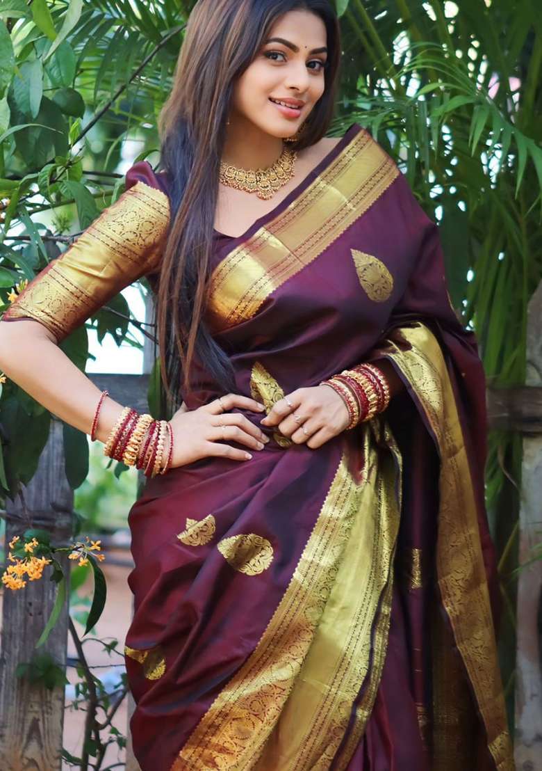 Wine And Gold Jacquard Silk Blend Saree Set for Diwali | Wedding & Festive Wear - Indya