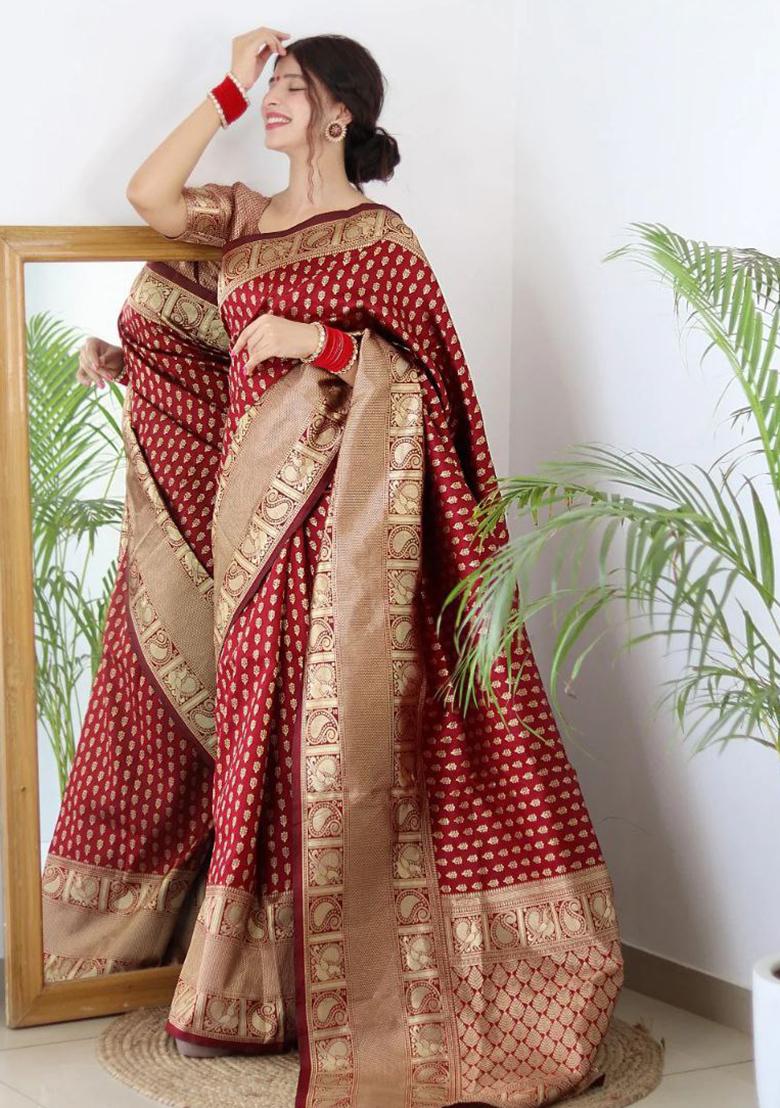Maroon Jacquard Silk Saree Set - Indya