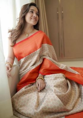 Orange And White Jacquard Silk Saree Set