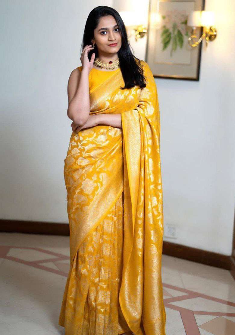 Yellow And Gold Jacquard Silk Blend Saree Set for Diwali and Festive Wear - Indya