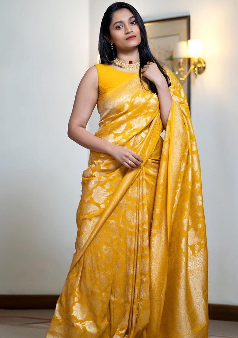 Yellow And Gold Jacquard Silk Saree Set - Indya