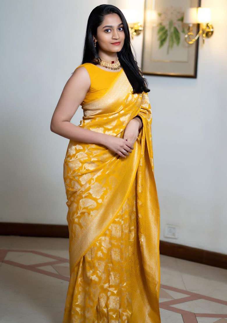 Yellow And Gold Jacquard Silk Blend Saree Set for Diwali and Festive Wear - Indya