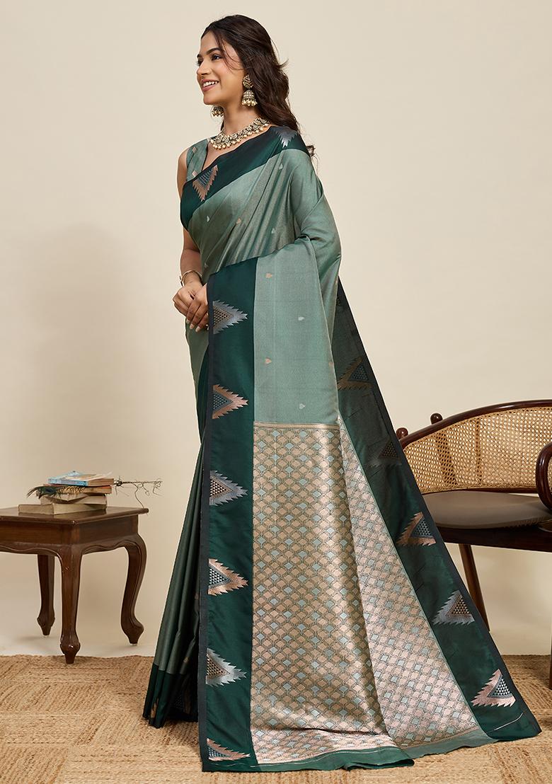 Green Weaved Silk Saree Set - Indya