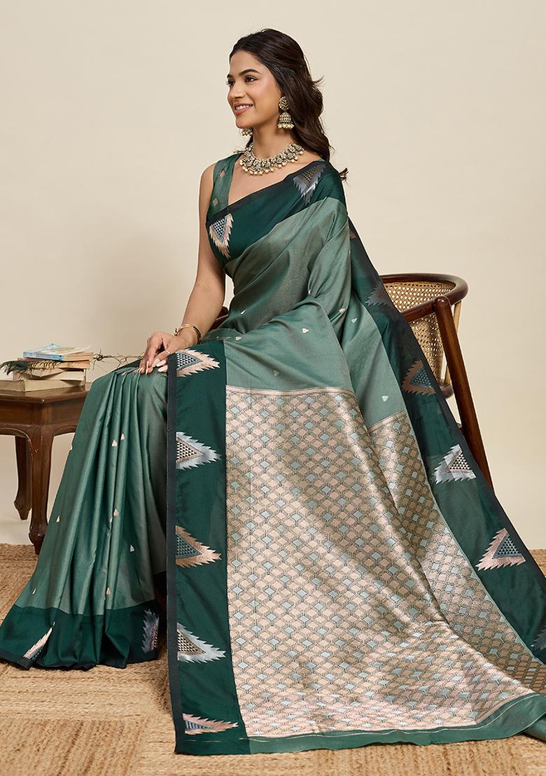 Green Weaved Silk Saree Set - Indya
