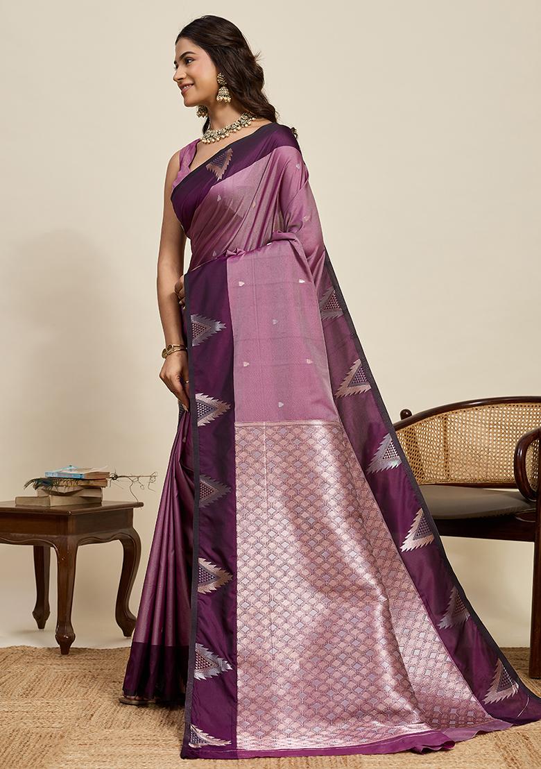 Peach Weaved Silk Saree Set - Indya
