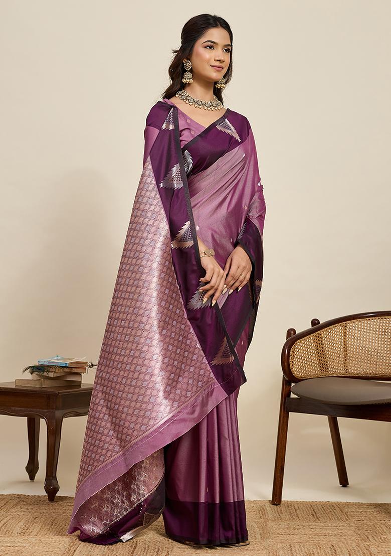 Peach Weaved Silk Saree Set - Indya